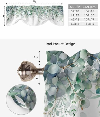 DecorLovee Blue Teal Eucalyptus Leaves Tie Up Valances for Windows, Spring Floral Kitchen Curtains Valance Window Shade, Summer Botanical Rod Pocket Treatment Curtains for Living Room/Bedroom 54"x18" in Saudi Arabia