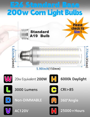 E26/E27 200W Equivalent LED Corn Light Bulb, 20W 3000LM Non Dimmable 6000K Daylight White, Bright High Output E26 Medium Base LED Bulb for Candelabra Ceiling Fan Home Garage Warehouse Indoor,1 Pack in Saudi Arabia