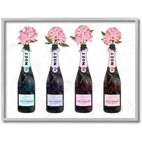 The Stupell Home Décor Collection Black Pink Purple and Blue Champagne Bottles with Peonies Stretched Canvas Wall Art, 24 x 30, Multi-Color