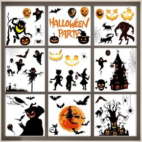 Halloween Decorations Indoor, Halloween Window Clings Stickers- Double-Sided 9 Sheets 84 Pieces Include Smiling Pumpkins, Cute Monster, Bats, Vampire, Skeleton for Halloweeen Party, Kids Gift