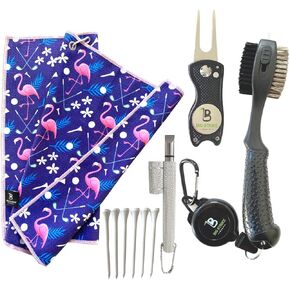 Big Strike Golf - Golf Accessories Kit Includes Designer Golf Towel, Divot Repair Tool, Club Head Brush Cleaner, Golf Head Groove Sharpener, Golf Tees & Luxury Gift Box. Christmas Golf Gift.