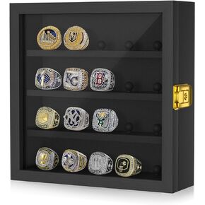 Championship Ring Display Case, 20 Ring Posts Sports Ring Display Case, Baseball Basketball Football Soccer Ring Display Case, Wooden Shadow Holder Box for Storage All Sports Award Championship Rings