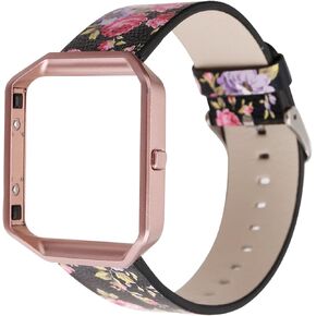 Women Flower Strap for Fitbit Blaze Bands, Genuine Soft Leather Replacement Wristband Bracelet Metal Frame for Fitbit Blaze Smart Fitness Watch