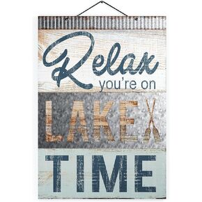لافتة ديكور معدنية لمنزل البحيرة المعدنية 'Relax You're on Lake Time' من Barnyard Designs - ديكور فني جداري للمنزل على شكل بحيرة صيفية، مقاس 35.56 سم × 50.8 سم in Kuwait
