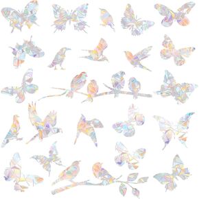 4 Sheets Anti-Collision Window Bird Stickers, Rainbow Decals Static Clings Sun Animal Window Strike Bird Reflectors Prevention from Hitting Windows(Butterfly + Branch Bird Style)