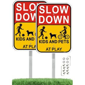Slow Down Kids and Pets at Play Signs with Metal Stake, 14"x 10"Slow Down Signs, Kids at Play Safety Signs, 28" Bend-Proof Stake Metal Sign Kit, Rust-Free Aluminum, Easy to Install, 2 Pack