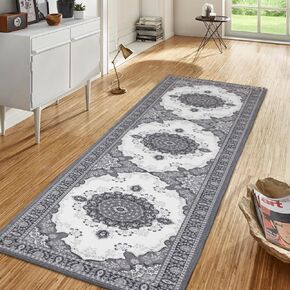 Hallway Runner Rug- Washable Rug Runner with Rubber Backing Non-Slip Kitchen Runner Low-Pile Non Skid Vintage Carpet Runner for Hallway Laundry Bathroom Bedroom (2×8, Grey and White)