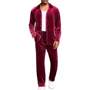 LecGee Men Fall Casual Sets Velvet Long Sleeve Button Down Shirt Elastic Waist Velour Pants 2 Piece Outfits Tracksuit