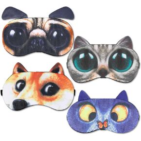 4 Pcs Funny Sleep Mask Cute Animal Blindfolds Soft Adjustable Sleeping Eyeshade Travel Nap Eye Cover for Men Women Plane Game Night Sleeping Cat Dog Pattern