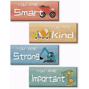 4 Pcs Construction Decor For Boys Room Toddler Wall Decor Inspirational Wooden Wall Sign Motivational Quote Wall Decor for Boys Kids Nursery Bedroom Birthday Gifts(Trucks 10X4")