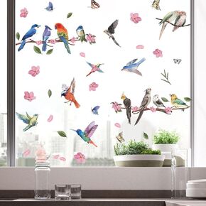 2 Sheets Birds and Flowers Window Clings,Spring Summer Birds Tree Branches Window Decals,Anti-Collision Home Office Fridge Decorations,Double-Side Print Static Hummingbirds Clings for Window Glass