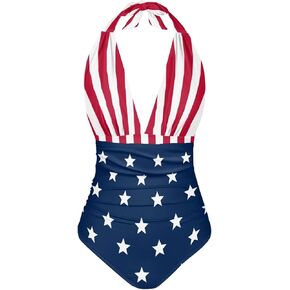 Women One Piece Swimsuit V Neck Halter Ruched Bathing Suit High Waist Tummy Control Backless Swimsuits S-3XL