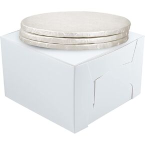 10" Combo Box Set - 10x10x5 1/2 White Cake Box with 10" White Round Drum 1/2", Pack of 3