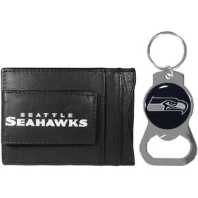 Siskiyou NFL Bottle Opener Keychain Bundle - Minimalist Leather ID Card Holder - Stay Organized & Show Off Your Team Spirit (Seattle Seahawks - Black)