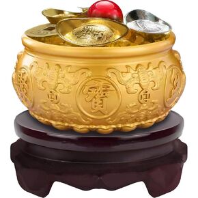 WAYUTO Brass Treasure Bowl Set with Base 5Pcs Copper Coins Citrine Lucky Ball 2Pcs Gold Ingots and 2Pcs Silver Ingots Chinese Feng Shui Decoration for Business Prosperity Fortune 3.94"