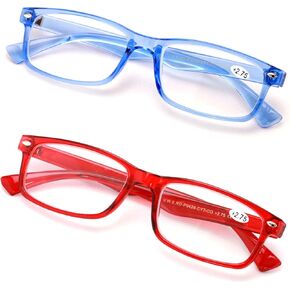 V.W.E. 2 Pairs Casual Rectangular Reading Glasses - Stylish Simple Readers Magnification Transparent Blue Red Clear