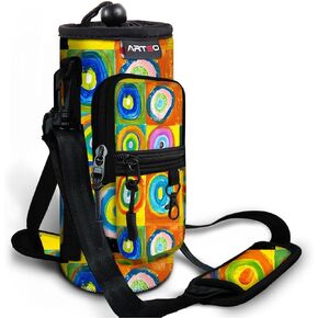 ARTSO Water Bottle Carrier Bag Sling Holder Pouch, 25oz 32oz 40oz 64oz Insulated Water Bottle Sleeve Case Cover with Adjustable Shoulder Hand Strap Pocket for Hiking Camping, Colorful flowers