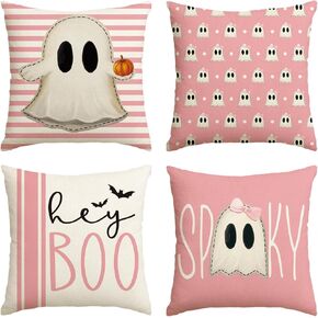 AVOIN colorlife Halloween Hey Boo Cute Ghost Spooky Pink Throw Pillow Covers, 18 x 18 Inch Horror Scary Cushion Case for Sofa Couch Set of 4