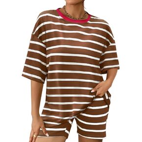 Womens 2 Piece Striped Sets 2024 Oversized T Shirts Biker Shorts Lounge Matching Set Summer Outfits Tracksuit