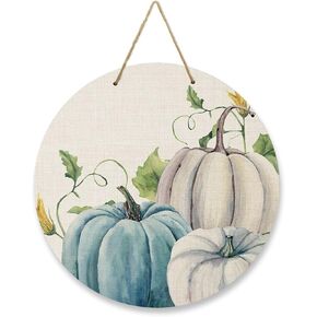 Thanksgiving Pumpkin Eucalyptus Leaves Welcome Sign for Front Door Porch Decor, Fall Wreaths for Indoor Outdoor Wall Hanging, Orange Blue Round Wooden Plaque Decoration for Home Front Door, 10x10Inch