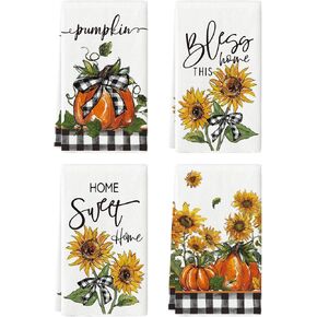 Artoid Mode Buffalo Plaid Bowknot Pumpkin Fall Kitchen Towels Dish Towels, 18x26 Inch Farmhouse Sunflower Thanksgiving Decoration Hand Towels Set of 4