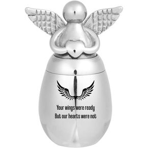 Small Keepsake Urns for Human Ashes Mini Cremation Urns for Ashes Stainless Steel Angel Memorial Ash Jar -Your Wings were Ready, But My Heart was Not (Silver)
