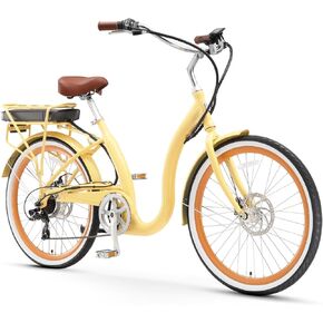 sixthreezero Electric Bike, 7 Speed Simple Step-Thru Beach Cruiser eBike Bicycle with Rear Rack, 500 Watt Motor, 26 Inch Wheels, Multiple Colors