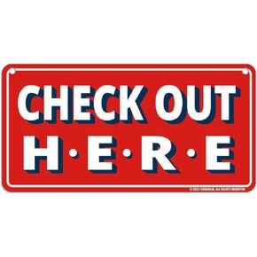 GEEKBEAR Check Out Here Sign Hanging from Ceiling - 12 x 6 in (Black)