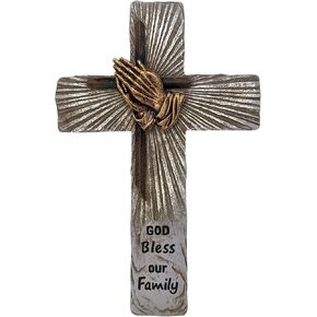 BestGiftEver Rustic Praying Hands Wall Cross with God Bless our Family Detail- Decorative Wall Hanging Spiritual Jesus Art Sculpture for Home Décor - Ideal Gift for Rustic Cabin Lodge Enthusiasts