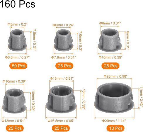 uxcell Nylon Plastic Hole Plug, 155Pcs 0.2"/0.24"/0.31"/0.39"/0.51"/0.98" 6 Sizes Hole Plugs Panel Flush Type Knockout Locking Plugs for Furniture Cabinet Insert End Caps, Grey in Saudi Arabia
