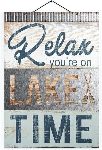 لافتة ديكور معدنية لمنزل البحيرة المعدنية 'Relax You're on Lake Time' من Barnyard Designs - ديكور فني جداري للمنزل على شكل بحيرة صيفية، مقاس 35.56 سم × 50.8 سم in Kuwait