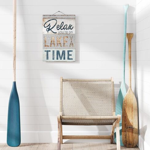لافتة ديكور معدنية لمنزل البحيرة المعدنية 'Relax You're on Lake Time' من Barnyard Designs - ديكور فني جداري للمنزل على شكل بحيرة صيفية، مقاس 35.56 سم × 50.8 سم in Kuwait