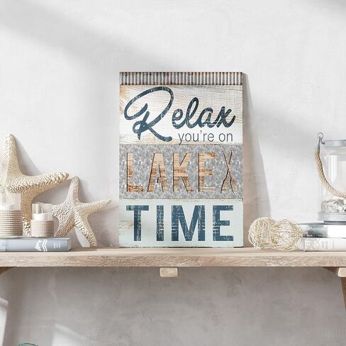 لافتة ديكور معدنية لمنزل البحيرة المعدنية 'Relax You're on Lake Time' من Barnyard Designs - ديكور فني جداري للمنزل على شكل بحيرة صيفية، مقاس 35.56 سم × 50.8 سم in Kuwait