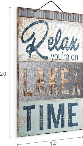 لافتة ديكور معدنية لمنزل البحيرة المعدنية 'Relax You're on Lake Time' من Barnyard Designs - ديكور فني جداري للمنزل على شكل بحيرة صيفية، مقاس 35.56 سم × 50.8 سم in Kuwait