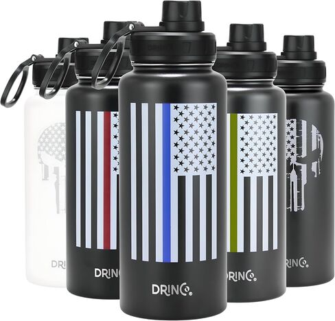زجاجة مياه من الفولاذ المقاوم للصدأ من DRINCO بغطاء معزول بفراغ مزدوج وزجاجة مياه بجدار مزدوج بعلم الولايات المتحدة الأمريكية (32oz جمجمة سوداء، 32oz) in Kuwait