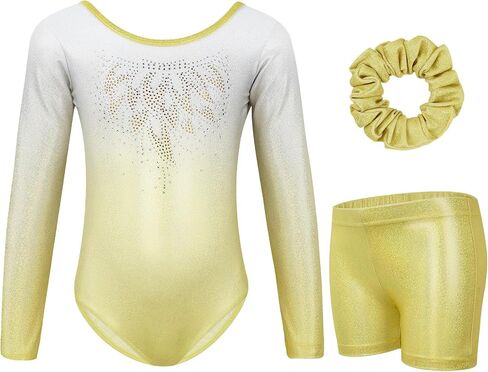 Gogokids Gymnastics Leotards for Girls, Long Sleeve Rhinestone Kids Dance Unitards Biketards with Tumbling Dance Shorts in Saudi Arabia