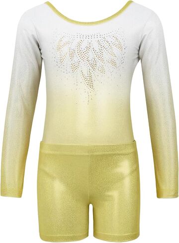 Gogokids Gymnastics Leotards for Girls, Long Sleeve Rhinestone Kids Dance Unitards Biketards with Tumbling Dance Shorts in Saudi Arabia