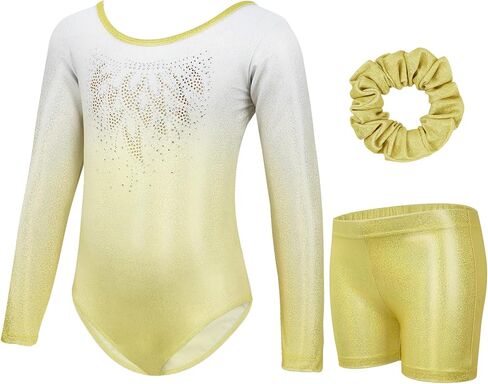 Gogokids Gymnastics Leotards for Girls, Long Sleeve Rhinestone Kids Dance Unitards Biketards with Tumbling Dance Shorts in Saudi Arabia