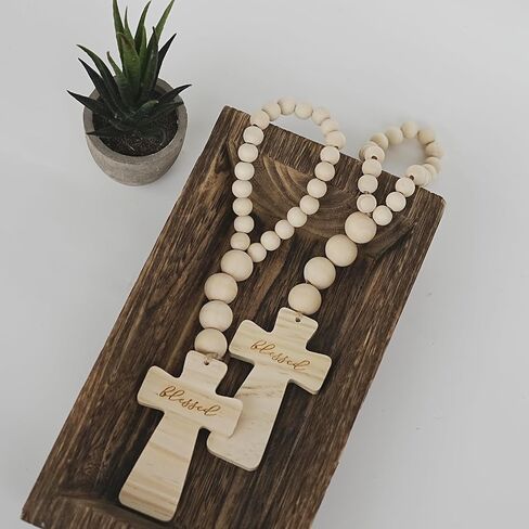 Wood Bead Garland with Blessed Cross, Blessing Beads with Cross, Prayer Beads for Baptism Gifts, Cross Decor for Home Door Knob, Tiered Tray, Shelves, Wall Decor,Tassel in Saudi Arabia