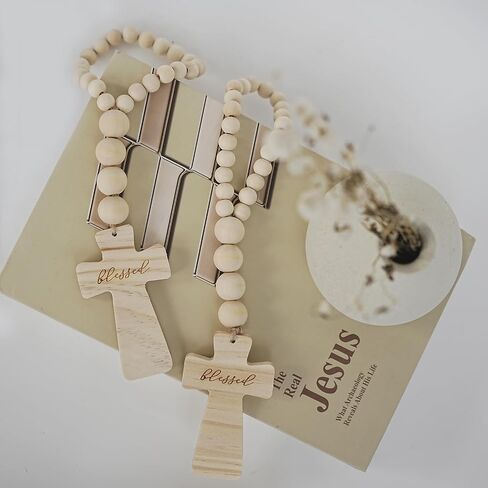 Wood Bead Garland with Blessed Cross, Blessing Beads with Cross, Prayer Beads for Baptism Gifts, Cross Decor for Home Door Knob, Tiered Tray, Shelves, Wall Decor,Tassel in Saudi Arabia