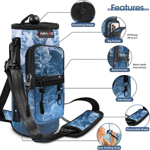 ARTSO حامل زجاجة المياه حقيبة حبال حامل الحقيبة، 25oz 32oz 40oz 64oz معزول زجاجة مياه كم غطاء مع قابل للتعديل الكتف حزام اليد جيب للتخييم المشي لمسافات طويلة، والزهور الملونة in Saudi Arabia
