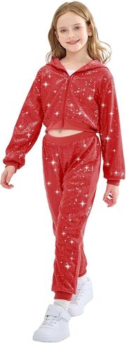 LOLANTA 2Pcs Girls Dance Outfits Cropped Sequin Jacket Pants Set, Kids Hip Hop Dance Costumes for 80s 90s Party 5-15 Years in Saudi Arabia