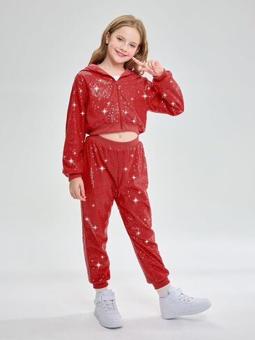 LOLANTA 2Pcs Girls Dance Outfits Cropped Sequin Jacket Pants Set, Kids Hip Hop Dance Costumes for 80s 90s Party 5-15 Years in Saudi Arabia