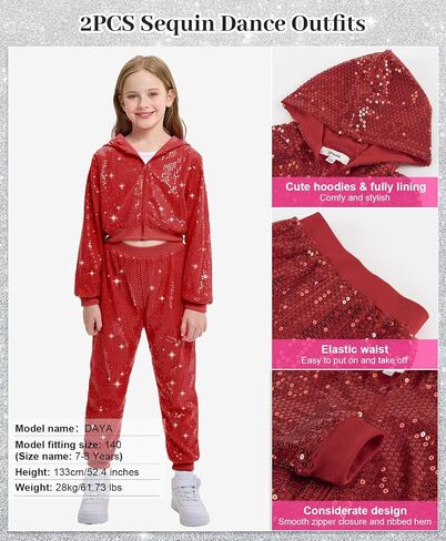 LOLANTA 2Pcs Girls Dance Outfits Cropped Sequin Jacket Pants Set, Kids Hip Hop Dance Costumes for 80s 90s Party 5-15 Years in Saudi Arabia