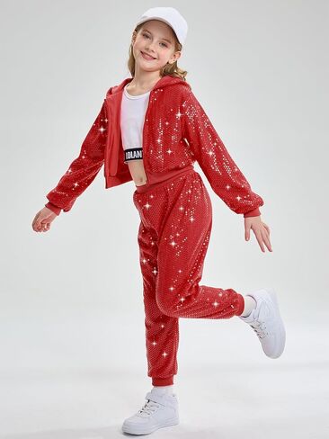 LOLANTA 2Pcs Girls Dance Outfits Cropped Sequin Jacket Pants Set, Kids Hip Hop Dance Costumes for 80s 90s Party 5-15 Years in Saudi Arabia