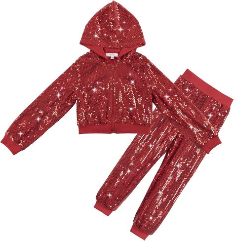 LOLANTA 2Pcs Girls Dance Outfits Cropped Sequin Jacket Pants Set, Kids Hip Hop Dance Costumes for 80s 90s Party 5-15 Years in Saudi Arabia