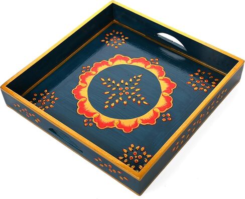Wooden Decorated Tray Handmade Handcrafted Rectangular Decorative Tray Platters for Table Decor Kitchen Home and Gifting (Brown) in Saudi Arabia