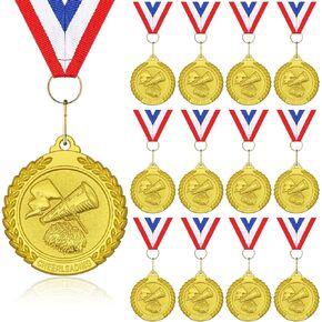 12 Pcs Cheerleading Medals - 2 Inch Gold Metal Cheerleader Medal with V Neck Ribbons for Kids Adults Trophy Award Prize Gift