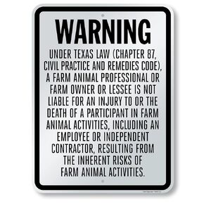 SmartSign 24 x 18 inch “Warning - Chapter 87, Farm Animal Professional Not Liable For Injury Of Participant…" Texas Farm Liability Metal Sign, 80 mil Laminated Rustproof Aluminum, Black and White