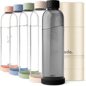 KIVY 32 oz Glass Water Bottle with Silicone Sleeve - Neutral glass waterbottle 32oz - Aesthetic water bottles glass bottle - Borosilicate glass water bottle 32 oz - White water bottle glass